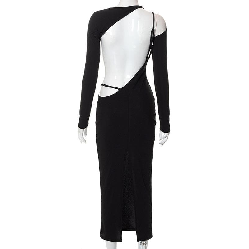 BerryBetty - Irregular hollow out long sleeve backless solid midi dress