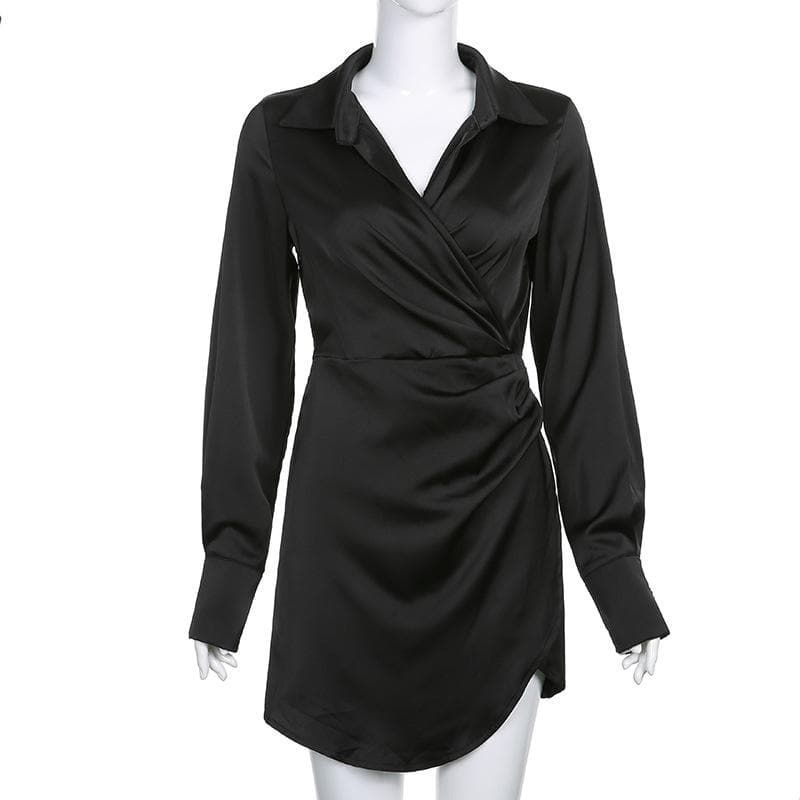 BerryBetty - Satin zip-up solid long sleeve turnover collar ruched mini dress