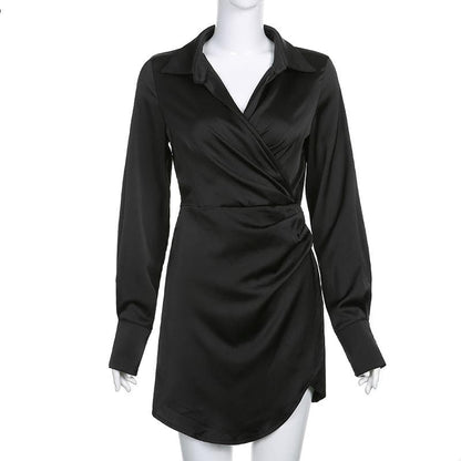 BerryBetty - Satin zip-up solid long sleeve turnover collar ruched mini dress