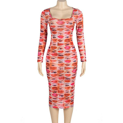 BerryBetty - Long sleeve abstract u neck sheer mesh contrast midi dress