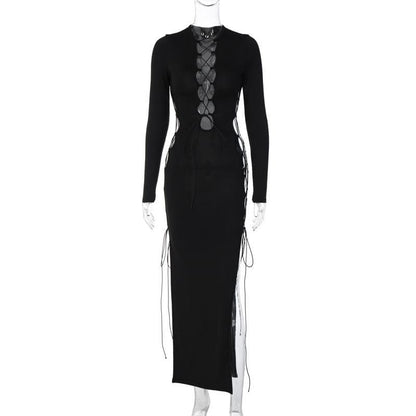 BerryBetty - Long sleeve solid hollow out slit self tie lace up midi dress