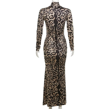 BerryBetty - Leopard print contrast high neck long sleeve maxi dress