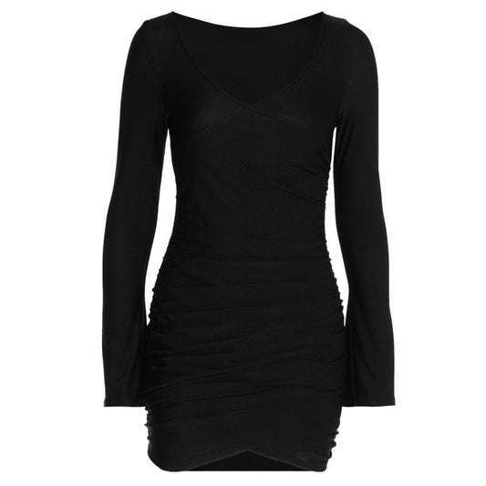 BerryBetty - Ruched solid long sleeve v neck mini dress