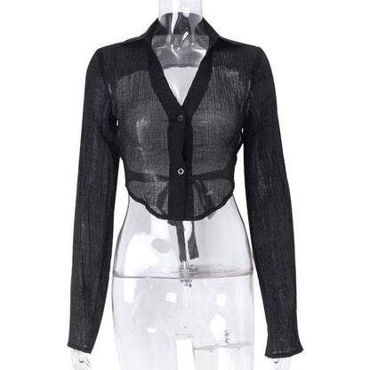 BerryBetty - Long sleeve solid turnover collar v neck button backless self tie crop top