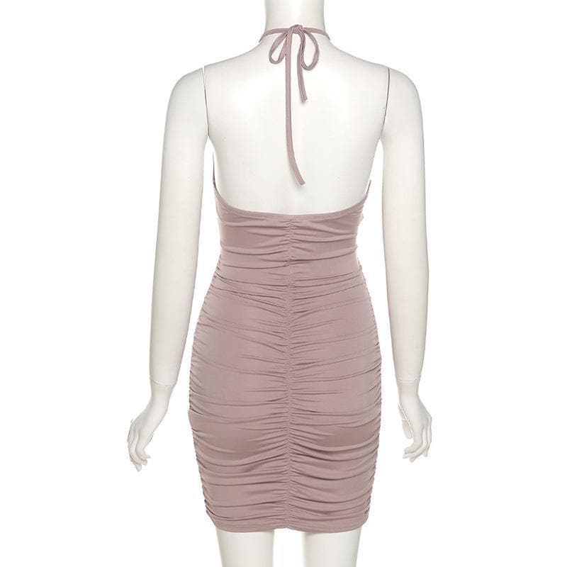 BerryBetty - Hollow out ruched halter tie back bodycon dress