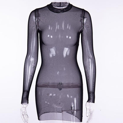 BerryBetty - Sheer mesh see through solid long sleeve mini bodycon dress