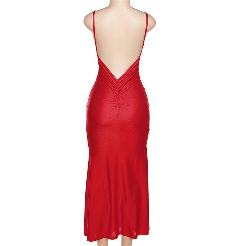 BerryBetty - Low cut v neck ruched solid backless cami maxi dress