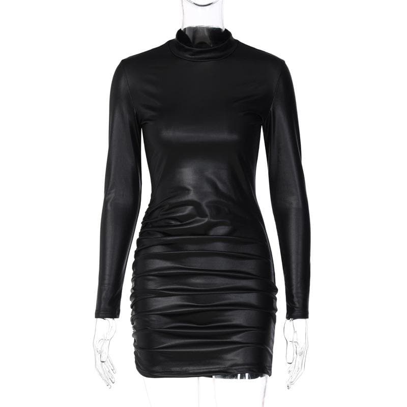 BerryBetty - Ruched solid long sleeve high neck mini dress