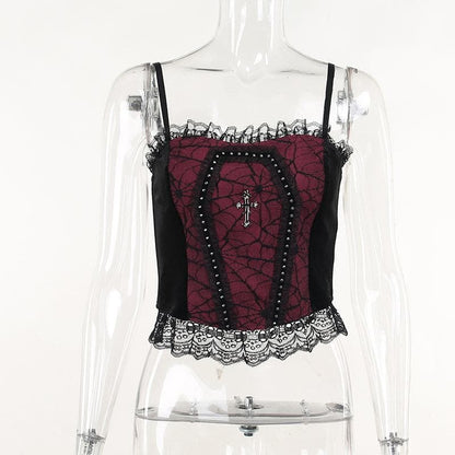 BerryBetty - Backless lace patchwork ruffle contrast cami crop top