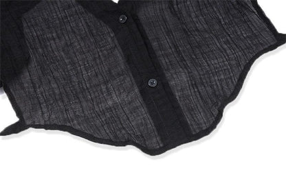 BerryBetty - Long sleeve solid turnover collar v neck button backless self tie crop top