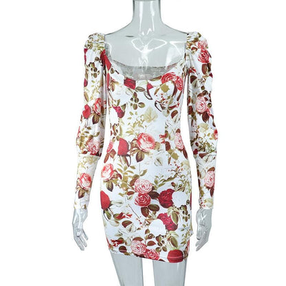 BerryBetty - Square neck long sleeve contrast flowers print mini dress