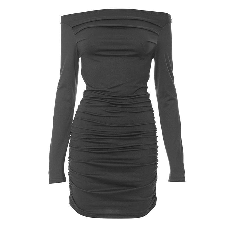 BerryBetty - Off shoulder long sleeve ruched backless solid mini dress