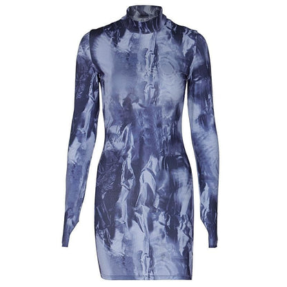 BerryBetty - Tie dye long sleeve high neck gloves contrast mini dress
