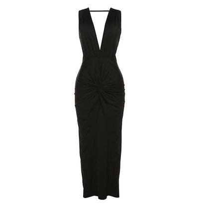 BerryBetty - Sleeveless v neck solid slit knotted backless midi dress