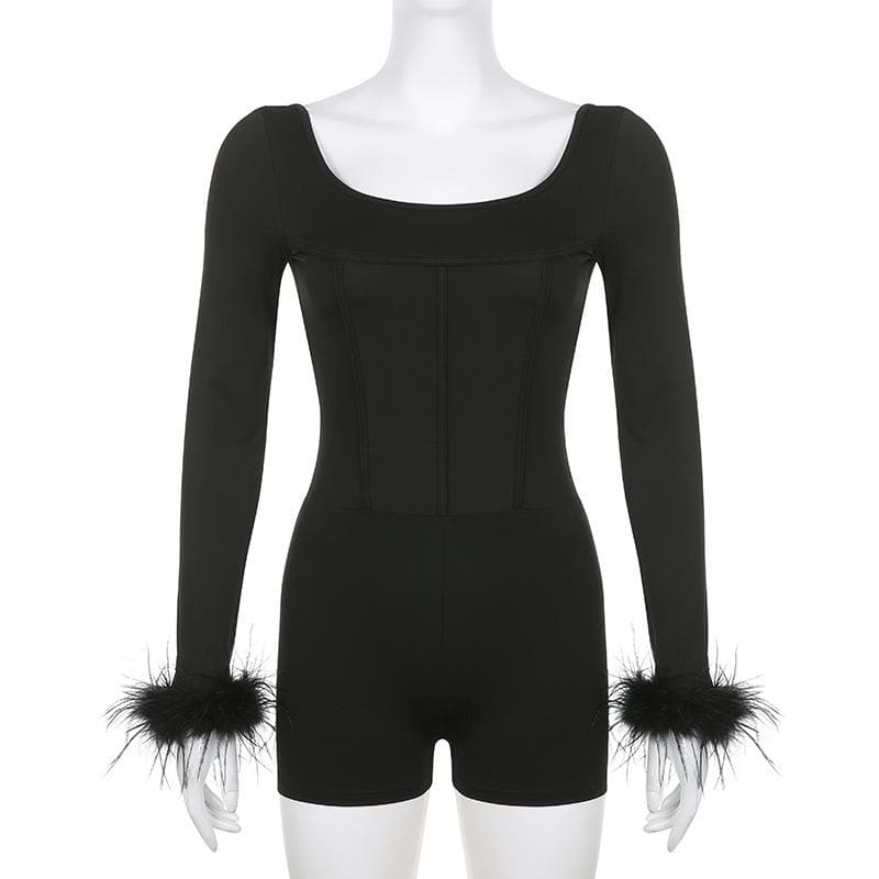 BerryBetty - Feather corset long sleeve backless solid romper