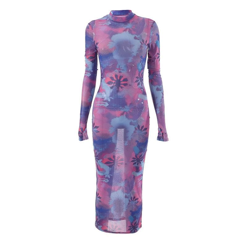 BerryBetty - Sheer mesh see through flower print contrast gloves long sleeve maxi dress