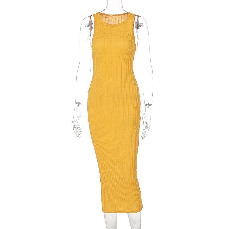 Crewneck knitted solid sleeveless dress - Halibuy