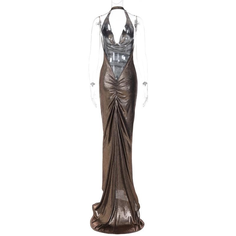 BerryBetty - Metallic cowl neck ruched halter backless maxi dress