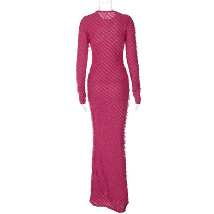 BerryBetty - Textured long sleeve crewneck ruffle solid maxi dress