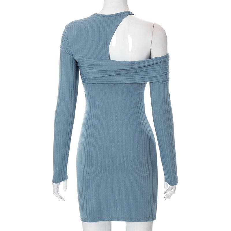 BerryBetty - Irregular off shoulder ribbed solid ribbed long sleeve mini dress