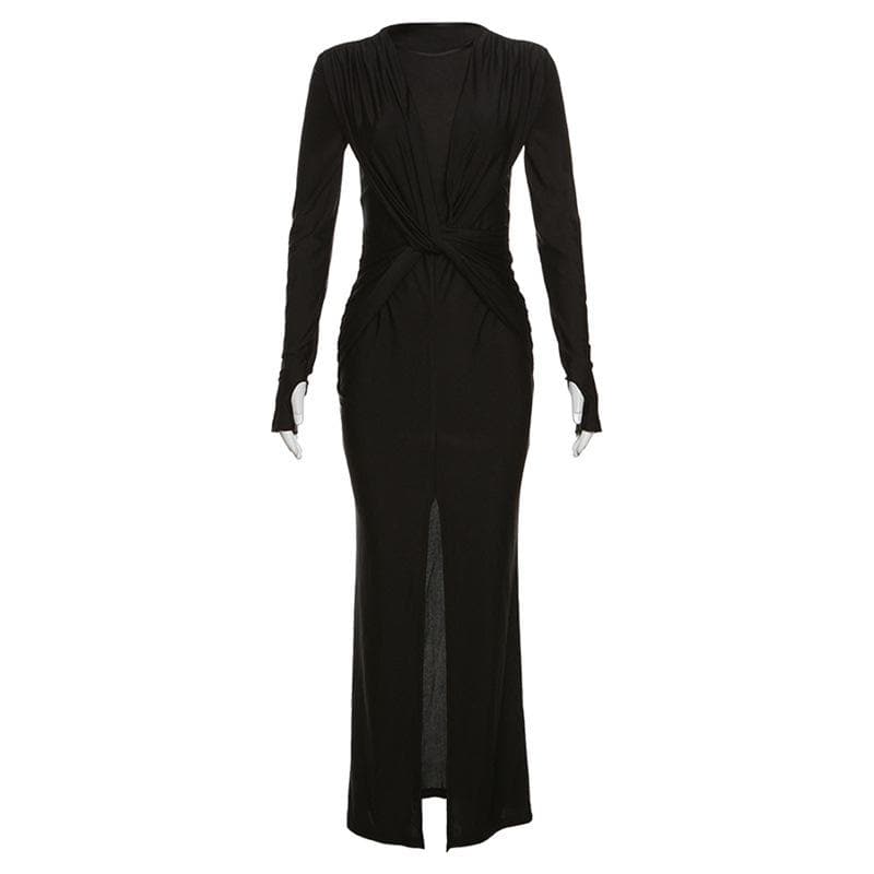 BerryBetty - Knotted slit solid long sleeve ruched maxi dress