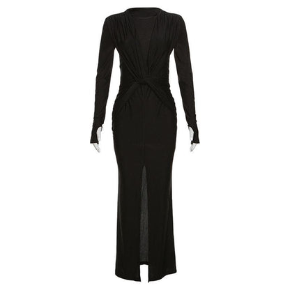 BerryBetty - Knotted slit solid long sleeve ruched maxi dress