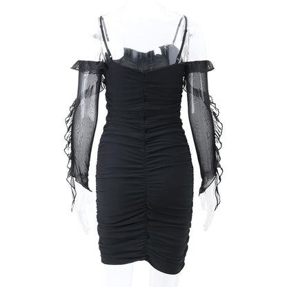 BerryBetty - Solid ruched backless ruffle mesh mini dress