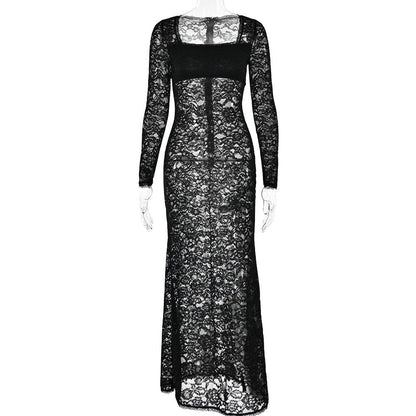 BerryBetty - Lace see through square neck long sleeve zip-up solid maxi dress