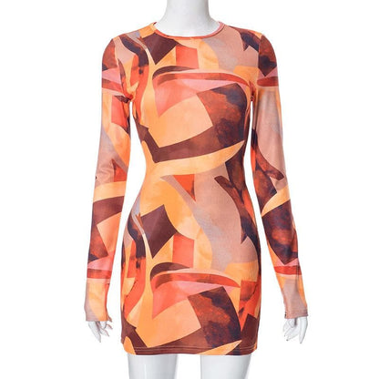 BerryBetty - Contrast print long sleeve crewneck mini dress