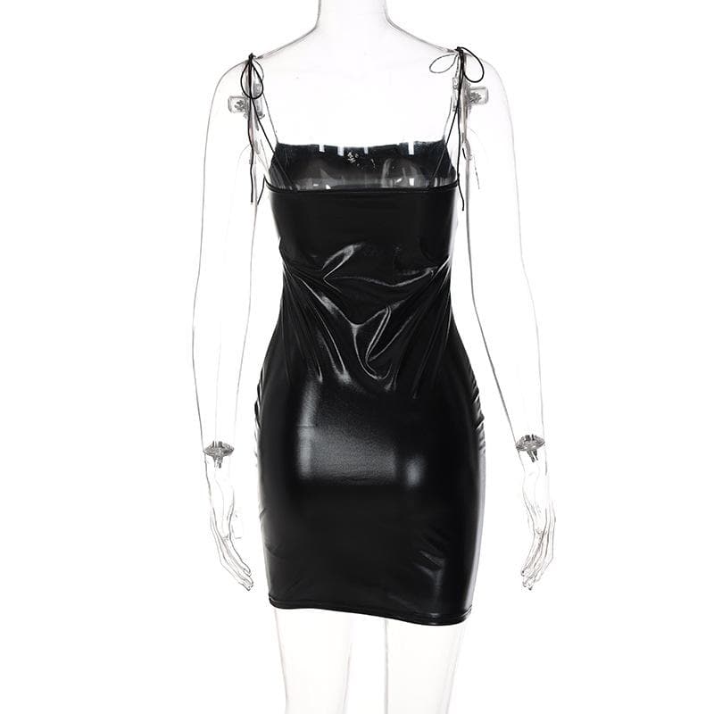 BerryBetty - Sleeveless solid PU leather self tie backless mini dress