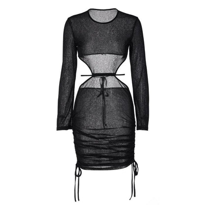 BerryBetty - See through long sleeve ruched open back drawstring dress