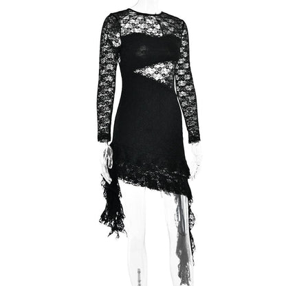 BerryBetty - Lace backless solid ruffle long sleeve irregular mini dress