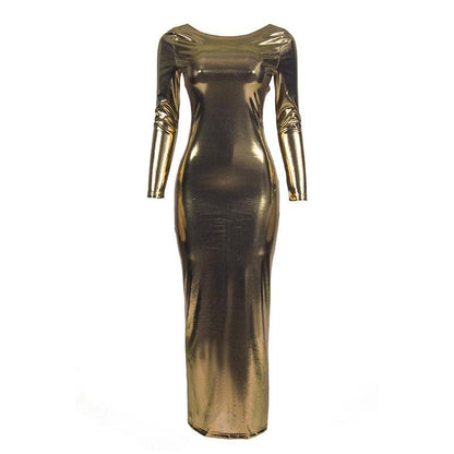 BerryBetty - Metallic long sleeve backless round neck ruched maxi dress