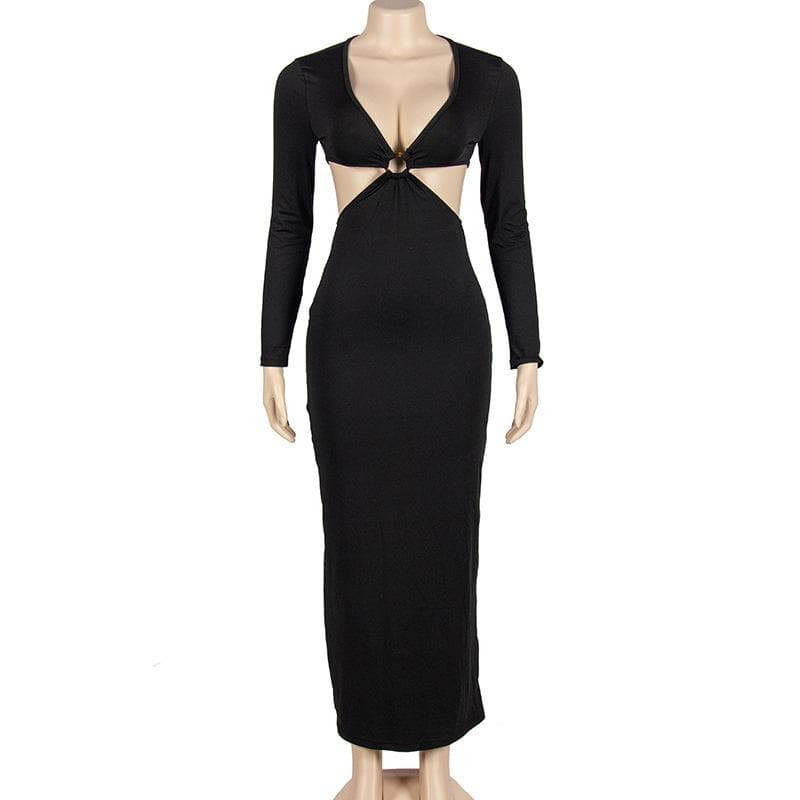 BerryBetty - Solid o ring long sleeve v neck hollow out maxi dress