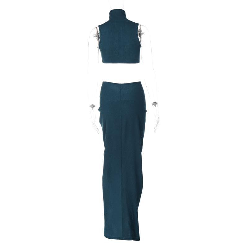 BerryBetty - Slit textured sleeveless high neck ruched solid maxi skirt set