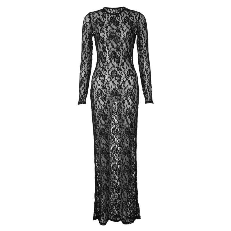 BerryBetty - Lace see through long sleeve solid crewneck maxi dress