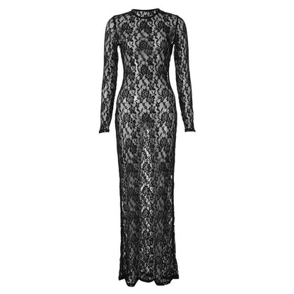 BerryBetty - Lace see through long sleeve solid crewneck maxi dress