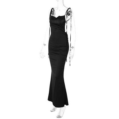 BerryBetty - Satin backless solid cowl neck lace up sleeveless maxi dress