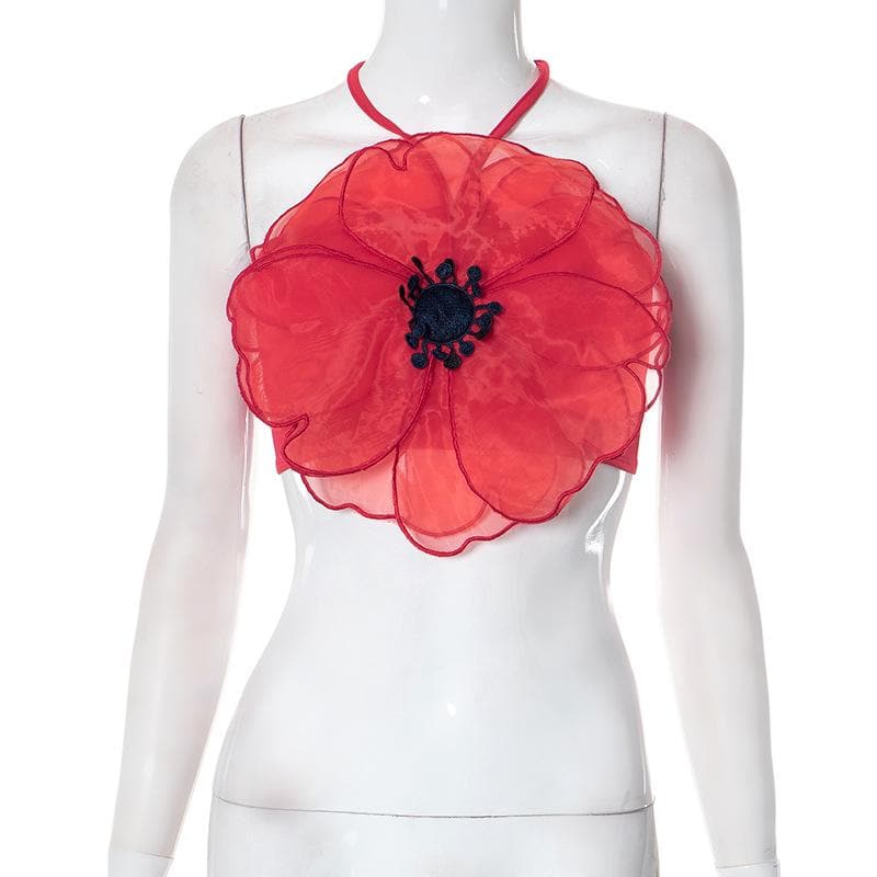 BerryBetty - Flower pattern embroidery contrast halter self tie backless crop top