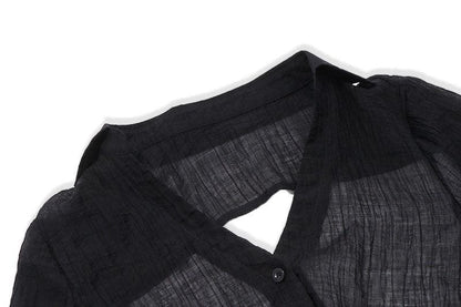BerryBetty - Long sleeve solid turnover collar v neck button backless self tie crop top