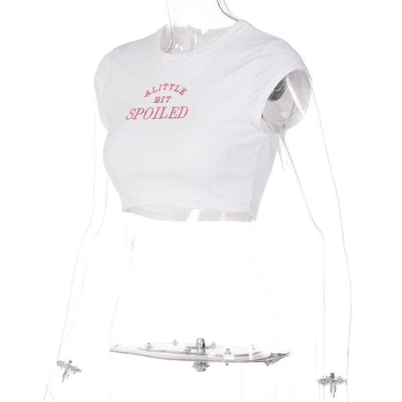 BerryBetty - ���SPOILED��� embroidery contrast crewneck cap sleeve crop top