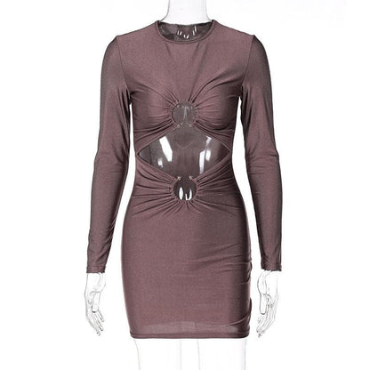 BerryBetty - Long sleeve solid ruched o ring hollow out mini dress