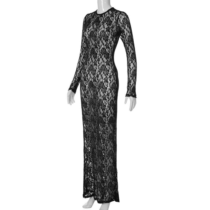 BerryBetty - Lace see through long sleeve solid crewneck maxi dress