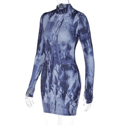 BerryBetty - Tie dye long sleeve high neck gloves contrast mini dress
