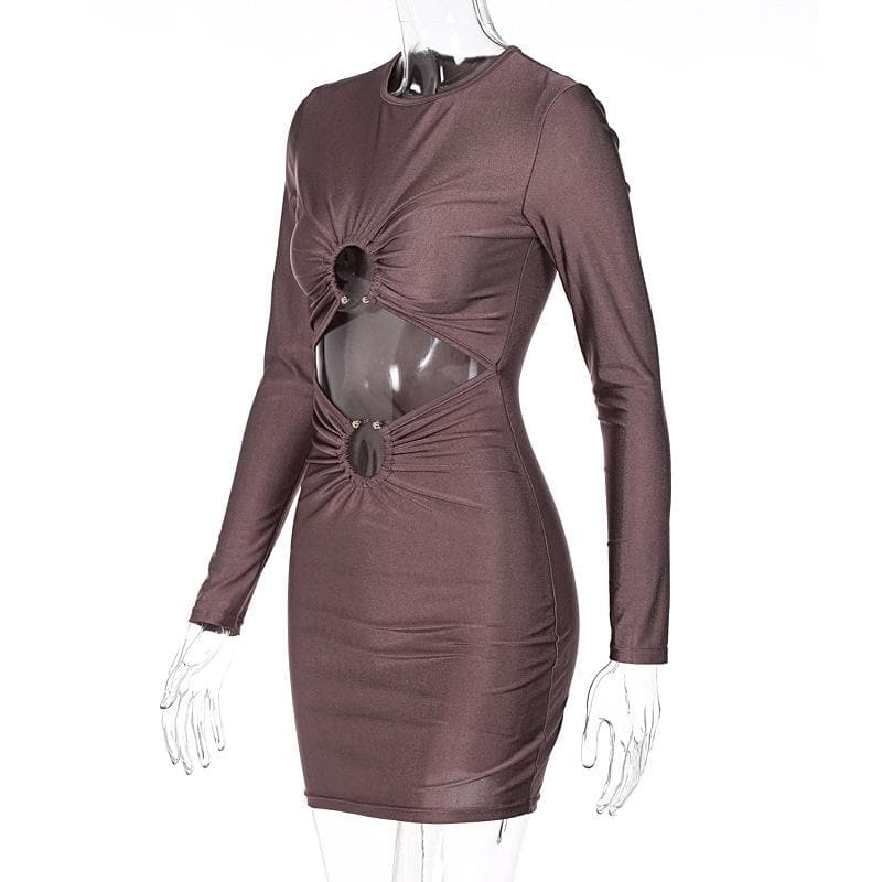 BerryBetty - Long sleeve solid ruched o ring hollow out mini dress