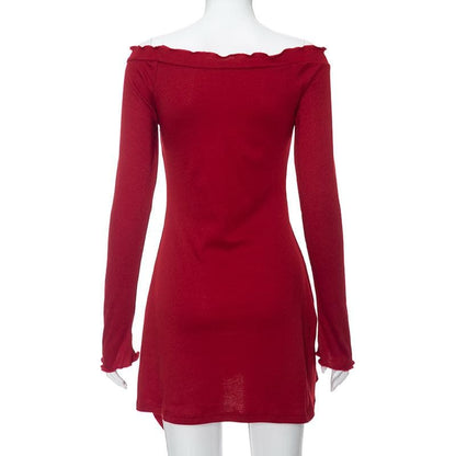 BerryBetty - Ruffle solid long sleeve irregular off shoulder mini dress