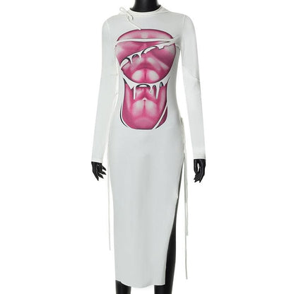 BerryBetty - Long sleeve contrast abstract print slit midi dress