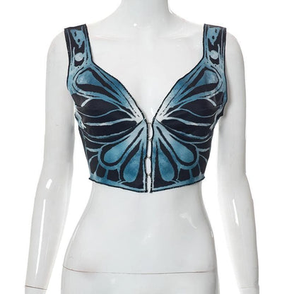 BerryBetty - V neck butterfly print buttoned crop top