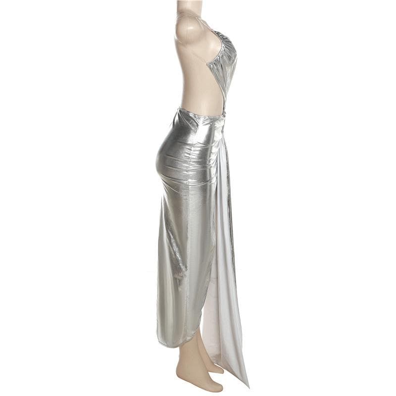 BerryBetty - Metallic one shoulder irregular backless maxi dress