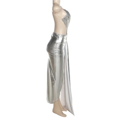 BerryBetty - Metallic one shoulder irregular backless maxi dress